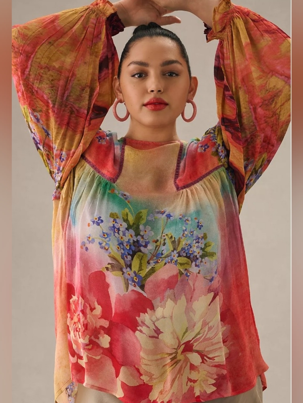 Anthropologie BL-NK Miranda Peasant Blouse XL Boho Floral Long Sleeve - Picture 4 of 15